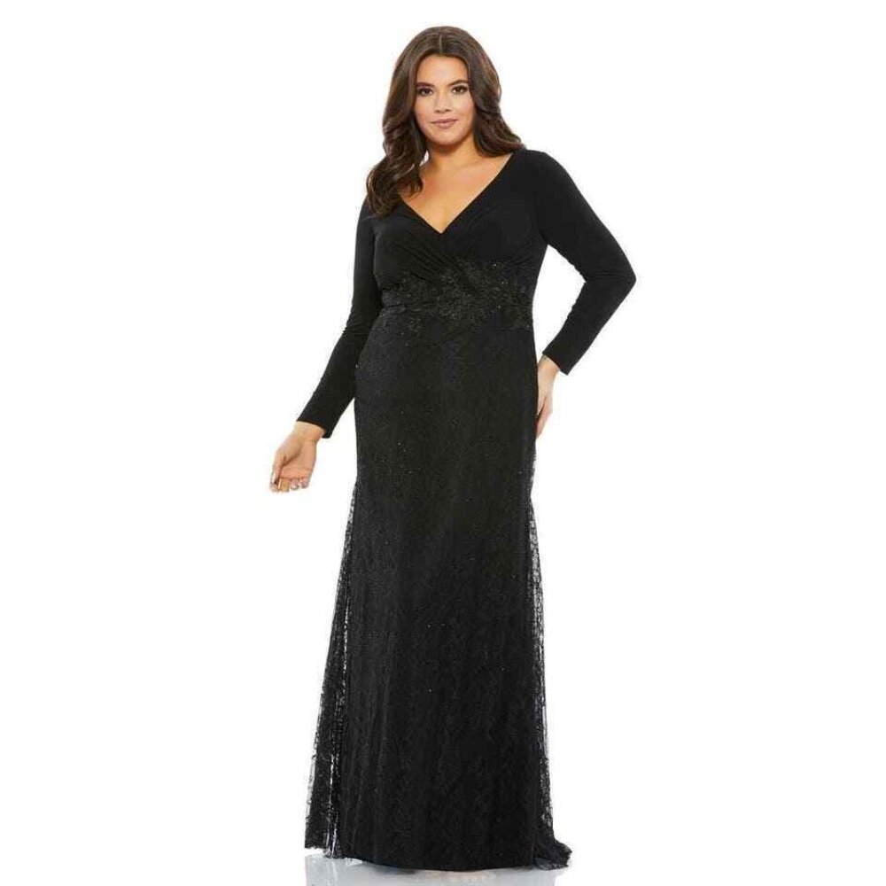 NWT Mac Duggal 67896 Plus Wrap‎ Over Long Sleeve Lace Trumpet Gown SZ 30W 67896